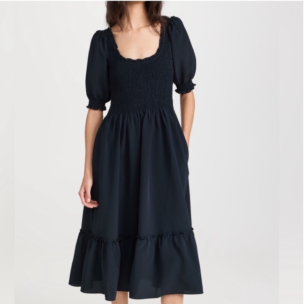 Hill House Home Louisa Nap Dress Black Smocked Puff Sleeve Midi XXS
